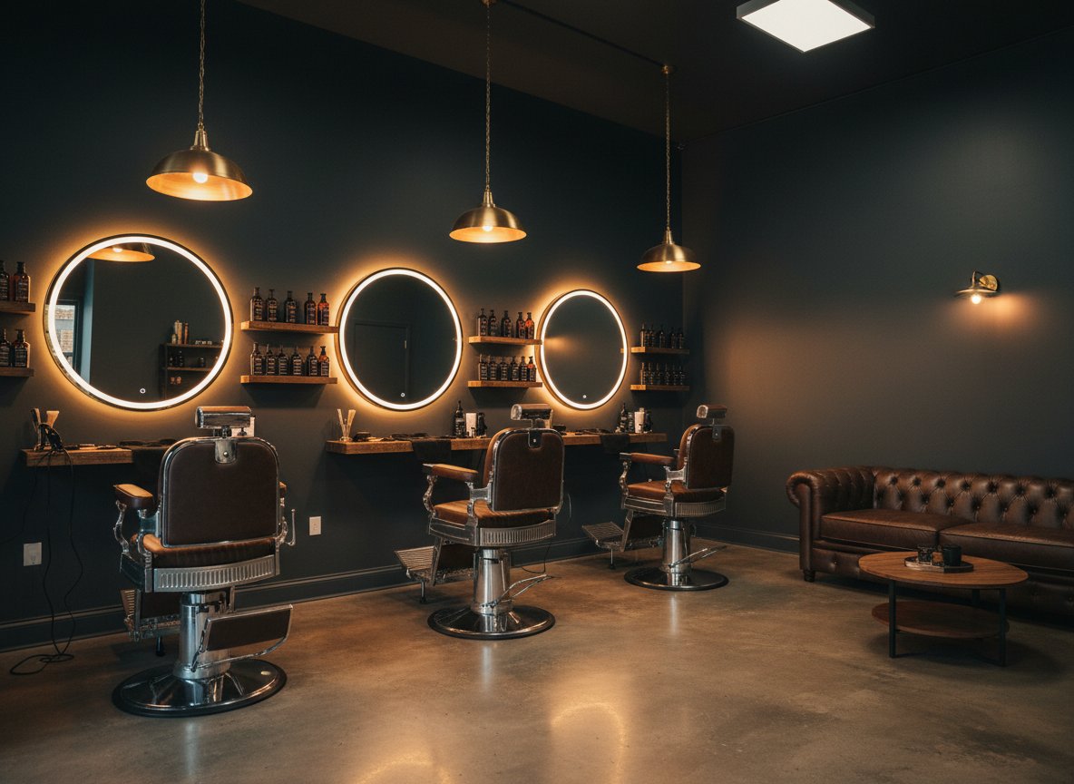 Interior of Sharp & Co. Barbershop showing leather chairs and vintage decor